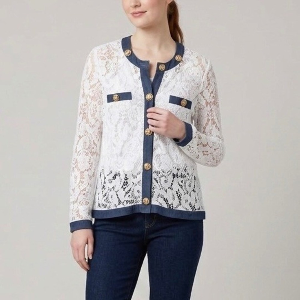 Michael Simon White Floral Lace Cardigan Gold Rose Buttons Denim Trim Sz Medium
